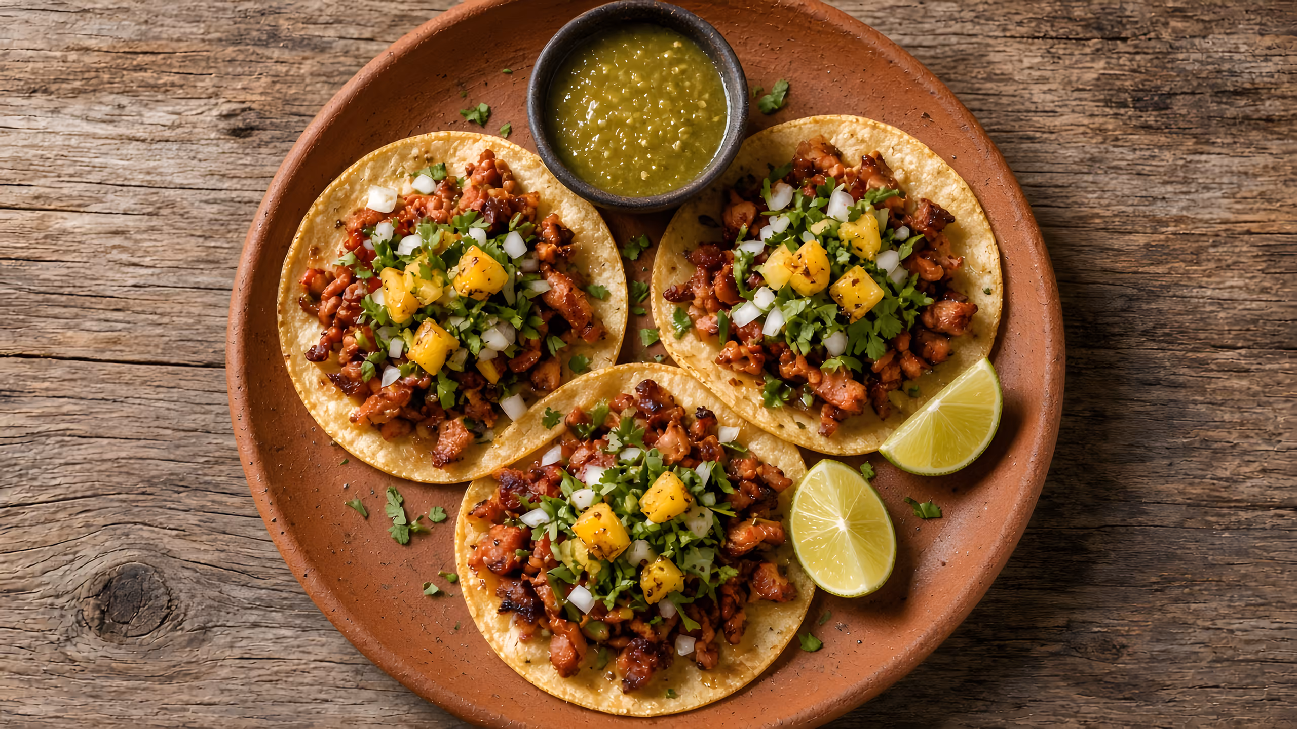 Demo sample photo: al pastor tacos with pineapple, onion and cilantro on a clay plate, with lime and green salsa